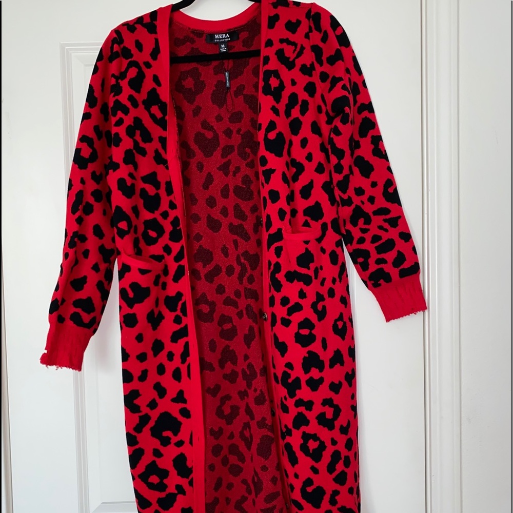 Long Red Leopard Cardigan